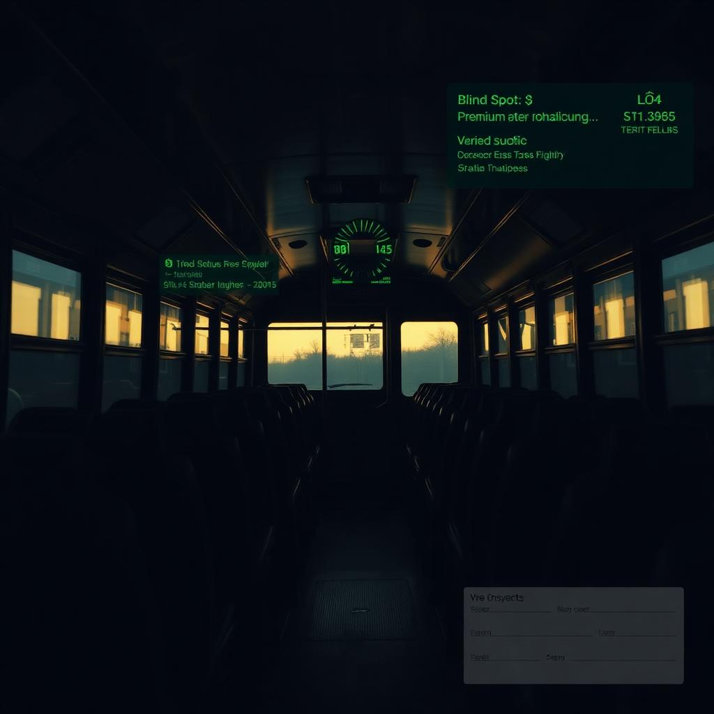 Empty school bus interior at dusk with faint HUD warning overlay