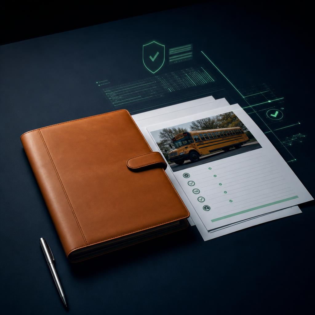 Premium leather compliance folder with school bus inspection papers and green live verification HUD overlay